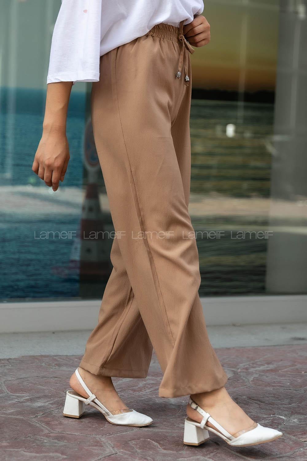 Modalamelif Bel Bağcıklı Bol Paça Krınkil Pantolon Sütlükahve