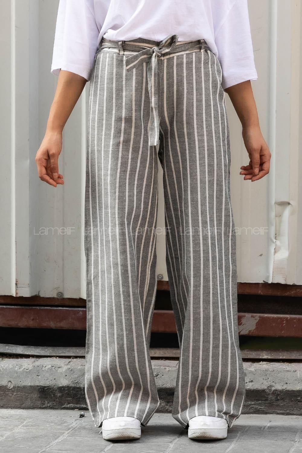 Modalamelif Beli Kuşak Bağlamalı Çizgili Keten Bol Paça Pantolon Gri