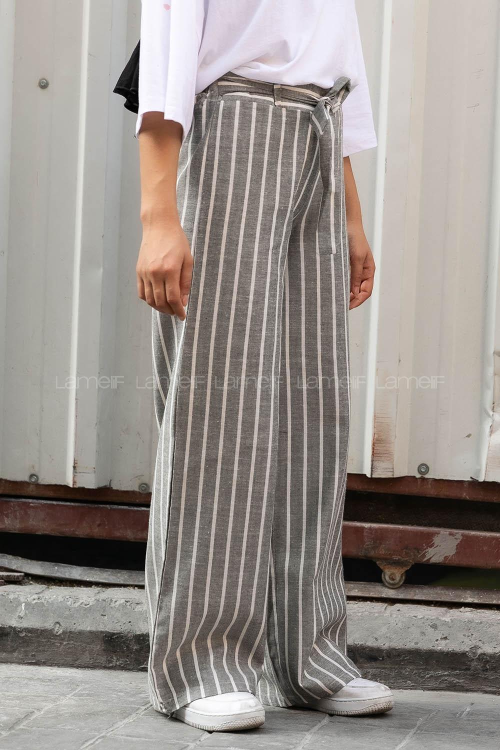 Modalamelif Beli Kuşak Bağlamalı Çizgili Keten Bol Paça Pantolon Gri