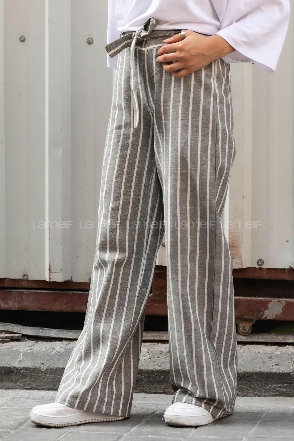 Modalamelif Beli Kuşak Bağlamalı Çizgili Keten Bol Paça Pantolon Gri