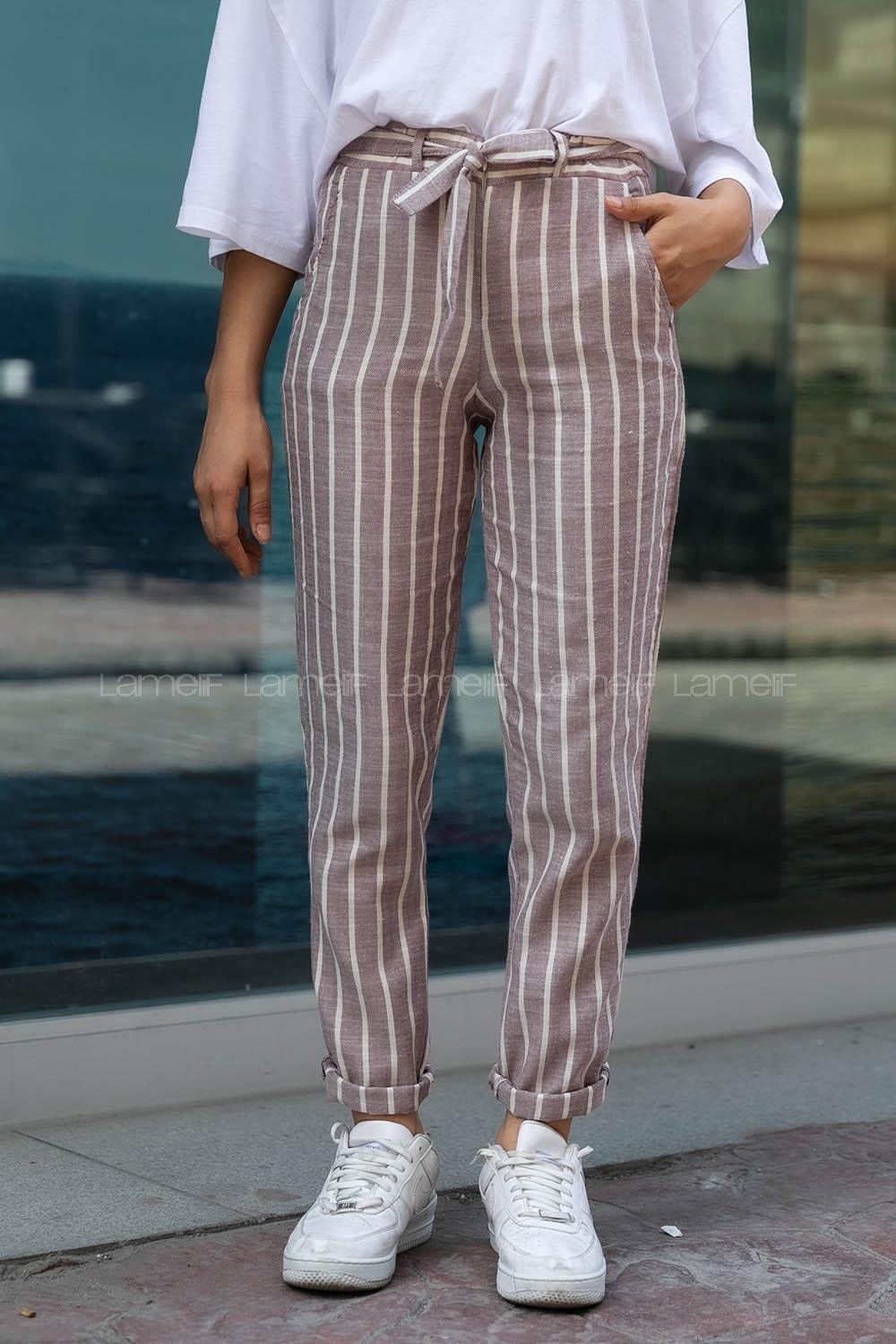 Modalamelif Beli Kuşak Bağlamalı Çizgili Keten Dar Paça Pantolon Bordo