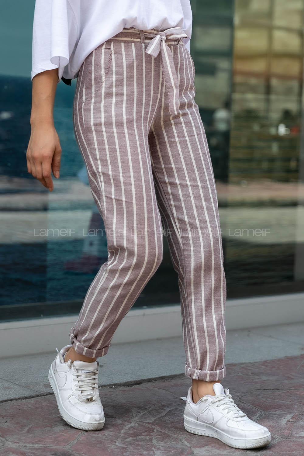 Modalamelif Beli Kuşak Bağlamalı Çizgili Keten Dar Paça Pantolon Bordo