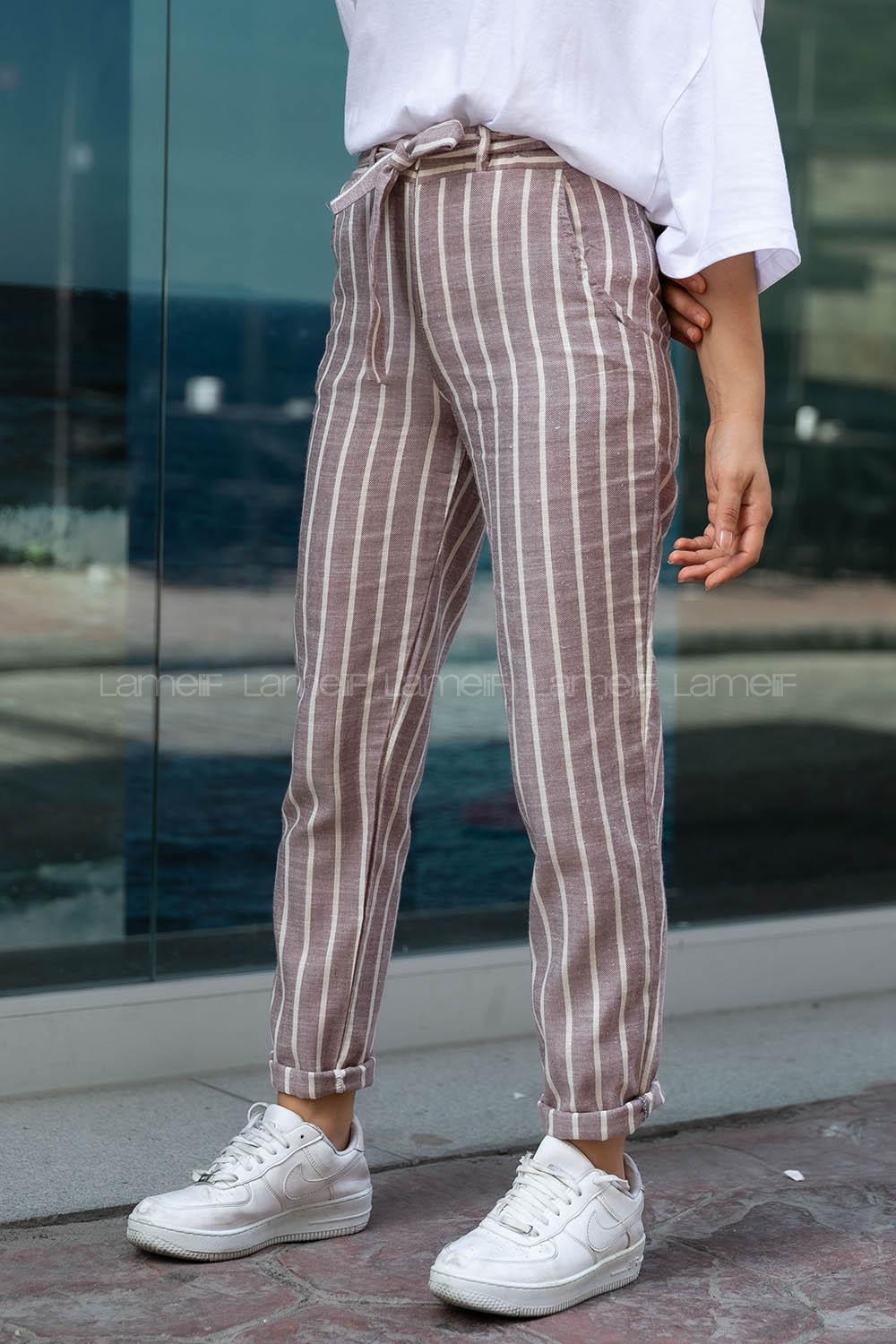 Modalamelif Beli Kuşak Bağlamalı Çizgili Keten Dar Paça Pantolon Bordo