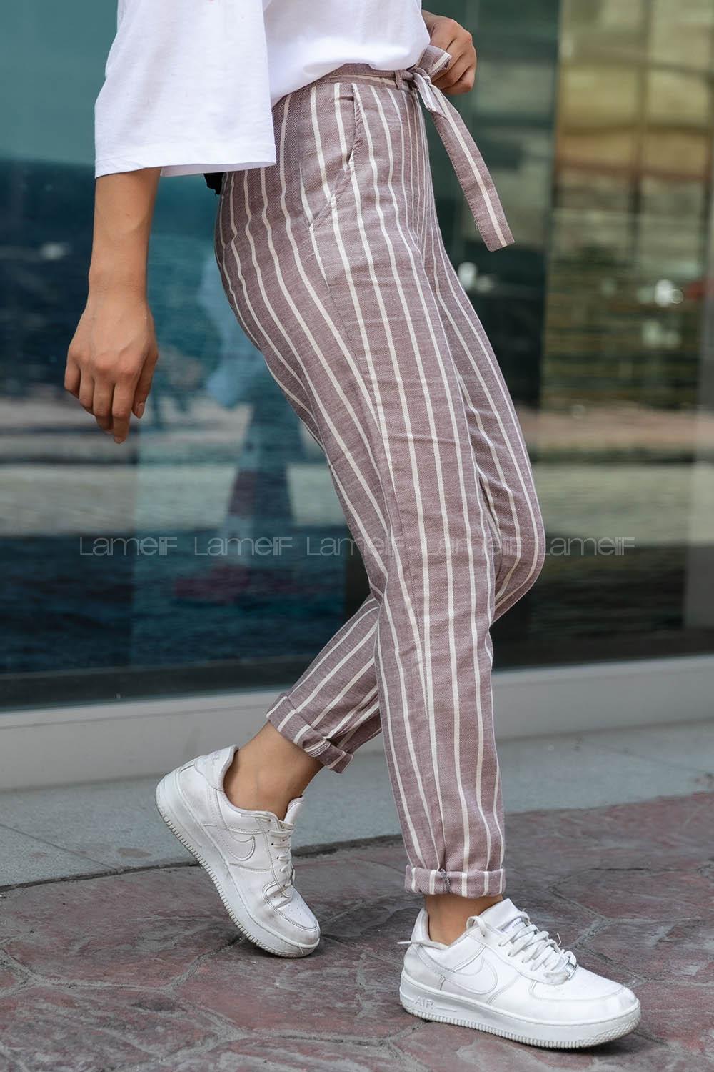 Modalamelif Beli Kuşak Bağlamalı Çizgili Keten Dar Paça Pantolon Bordo