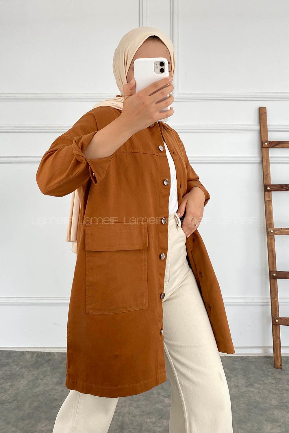 Modalamelif Çift Kapak Cepli Metal Önü Boydan Düğmeli Gömlek Camel