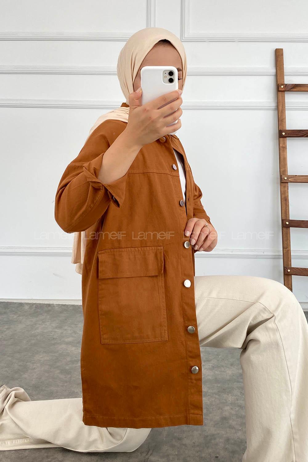 Modalamelif Çift Kapak Cepli Metal Önü Boydan Düğmeli Gömlek Camel