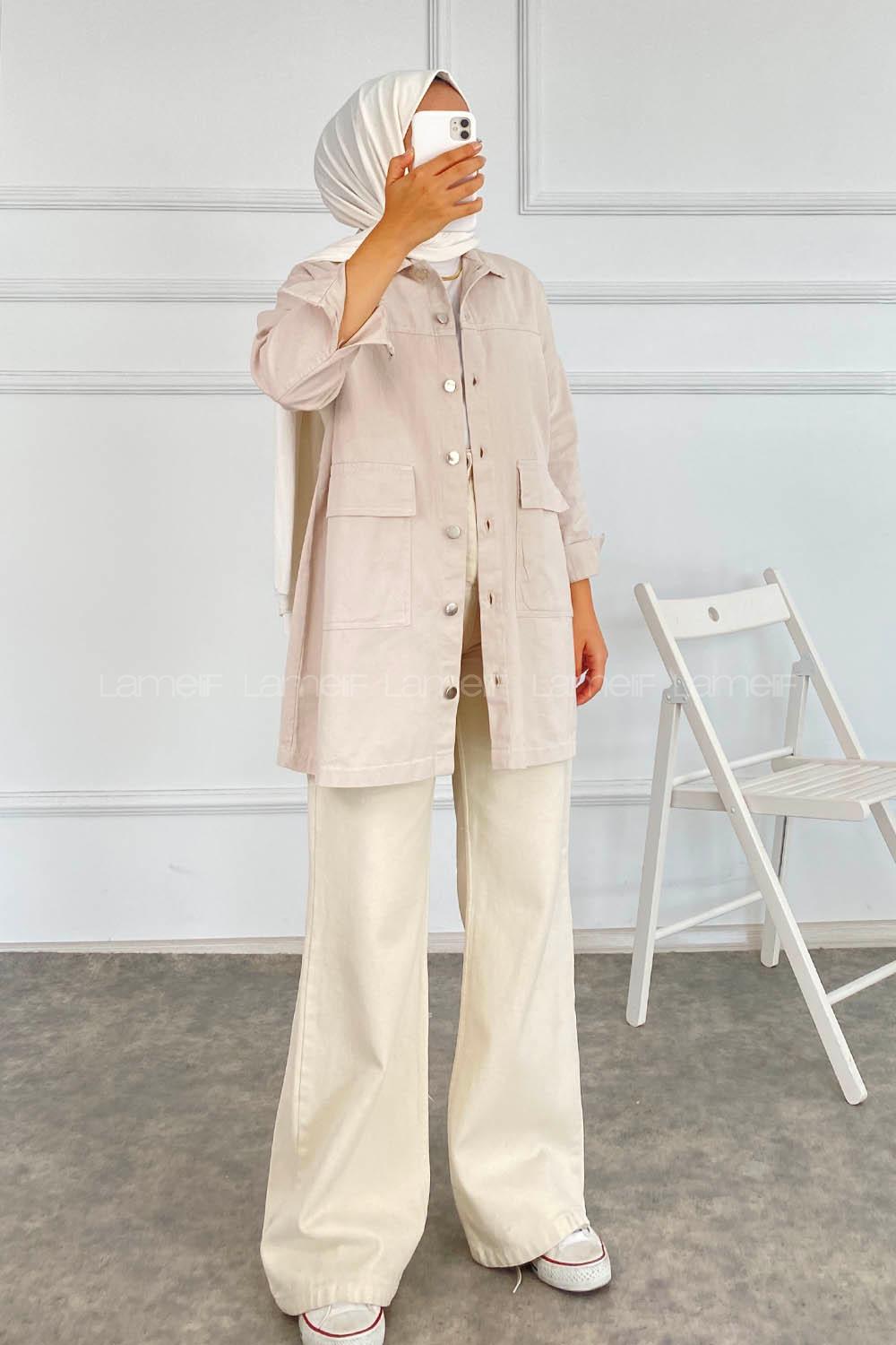 Modalamelif Çift Kapak Cepli Metal Önü Boydan Düğmeli Gömlek Taşrengi