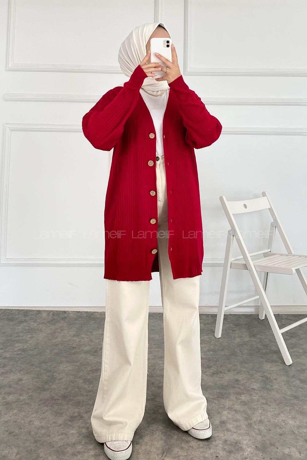 Modalamelif Düz Renk Fitilli Hırka Kırmızı