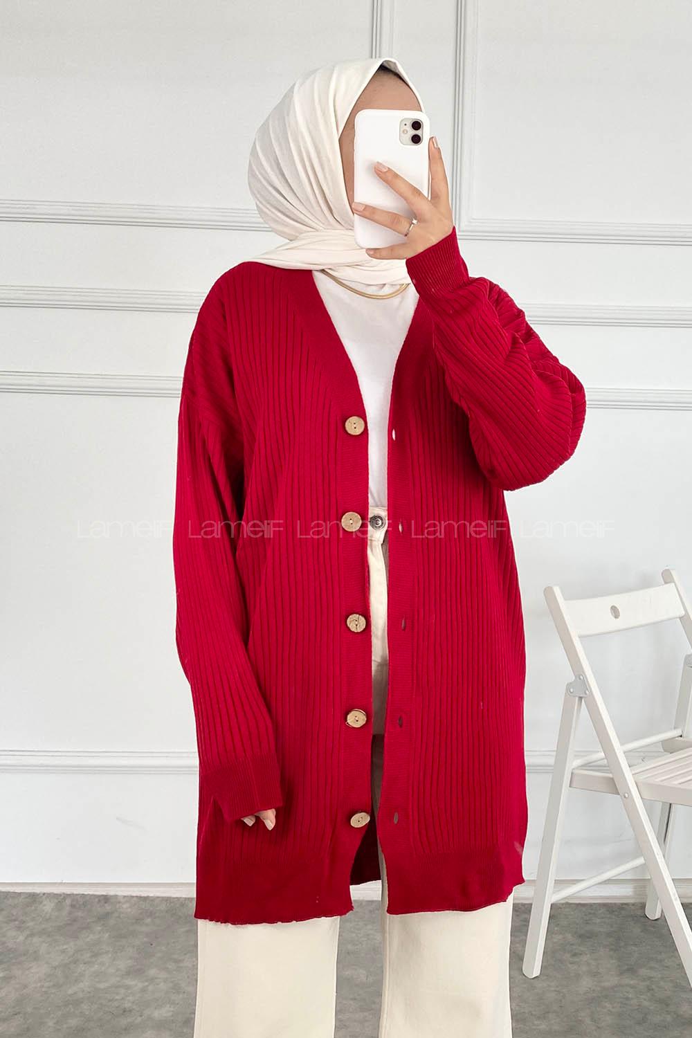 Modalamelif Düz Renk Fitilli Hırka Kırmızı