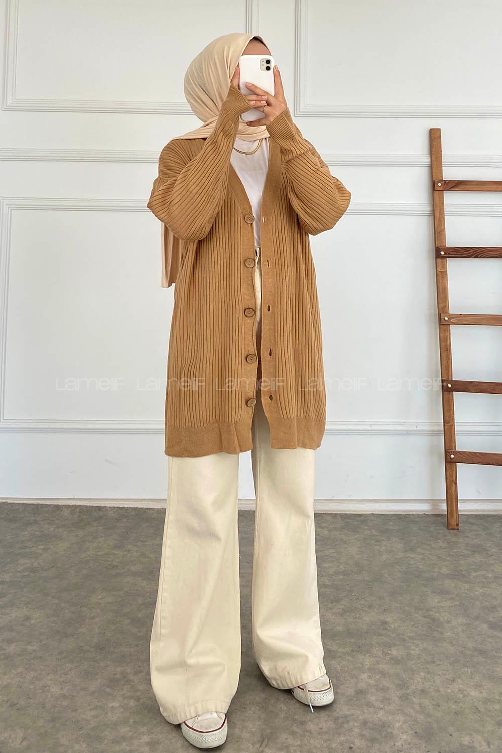 Modalamelif Düz Renk Fitilli Hırka Sütlü Kahve