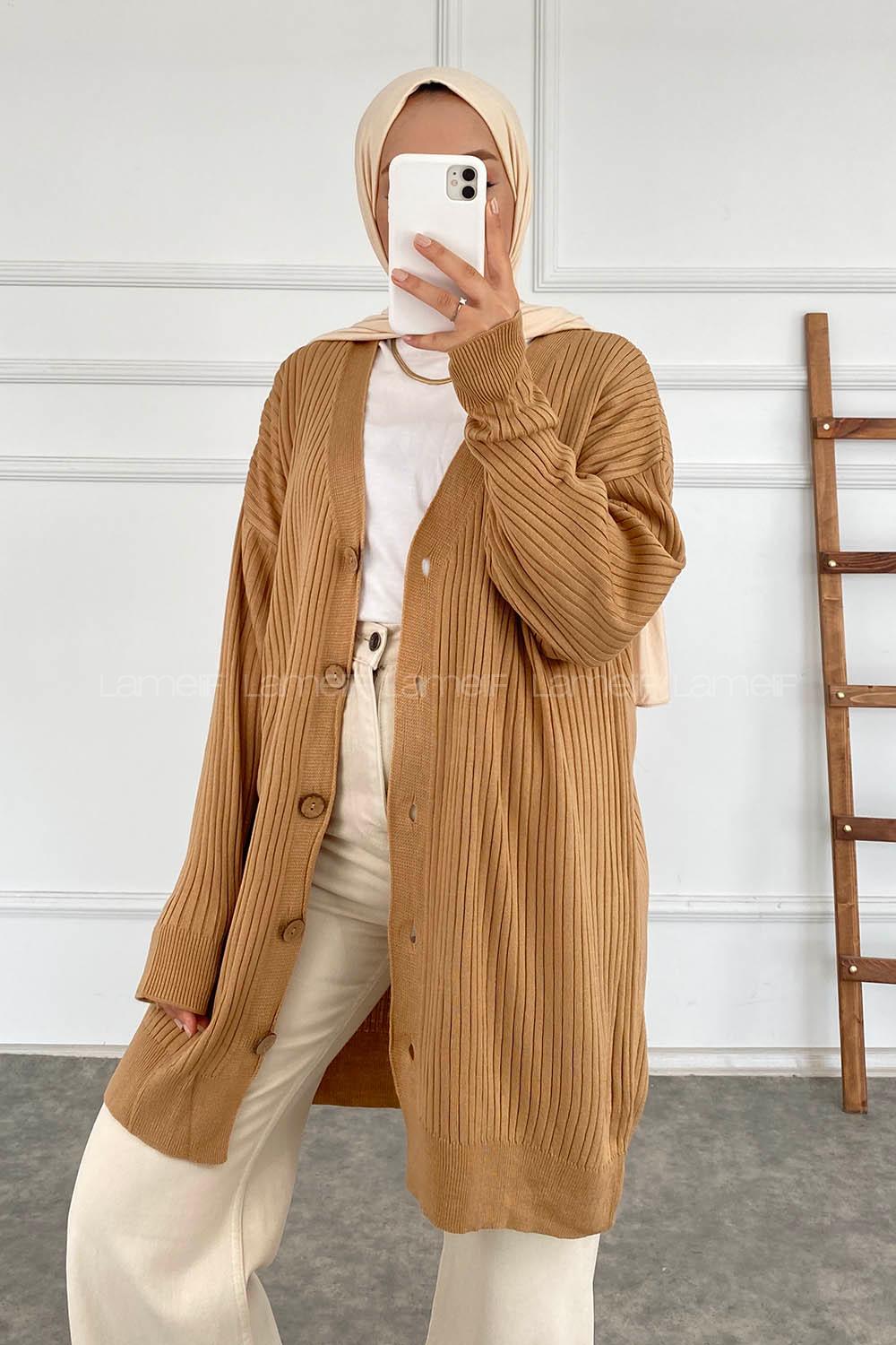 Modalamelif Düz Renk Fitilli Hırka Sütlü Kahve