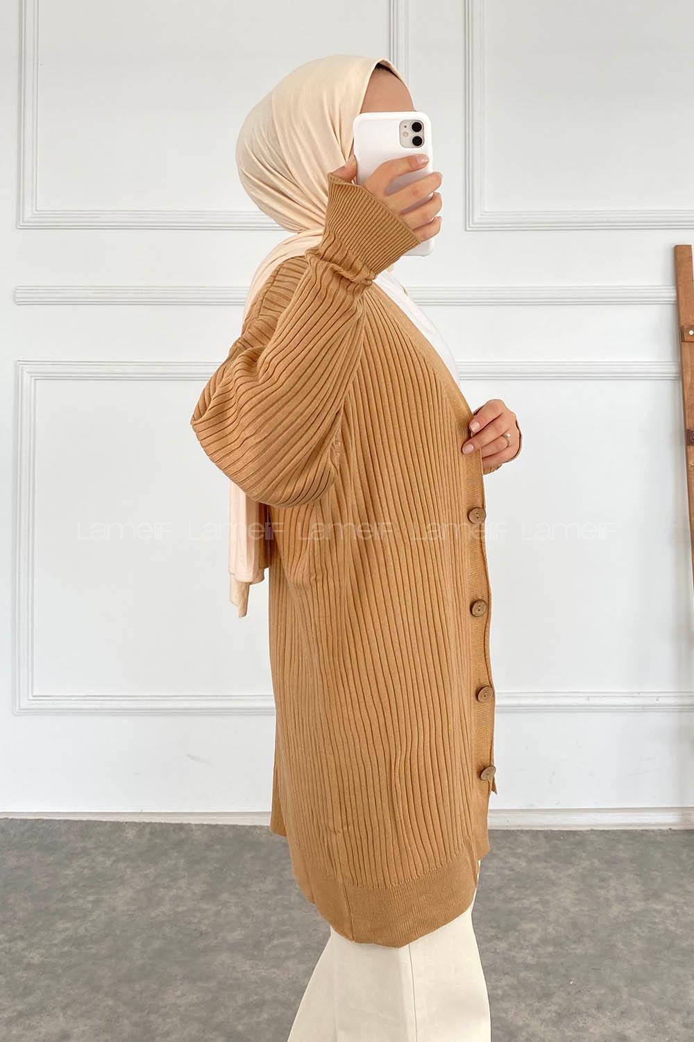 Modalamelif Düz Renk Fitilli Hırka Sütlü Kahve