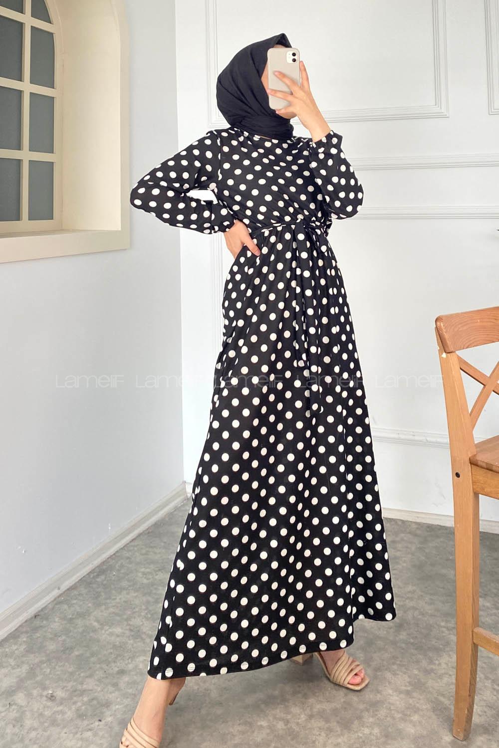 Modalamelif Puanlı Kuşak Bağlamalı Beli Lastikli Elbise Siyah