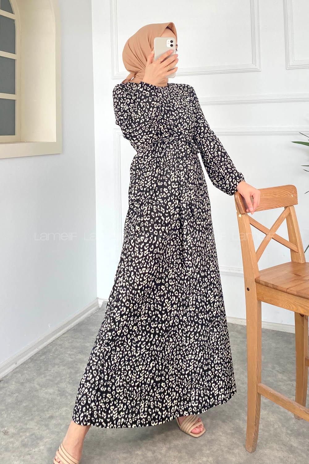 Modalamelif Soyut Desen Kuşak Bağlamalı Elbise Siyah