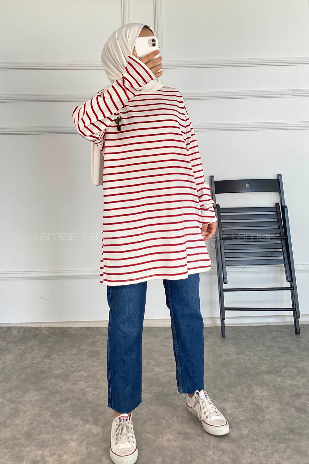 Modalamelif Çizgi Şeritli Kaktüs Baskılı Tunik Bordo