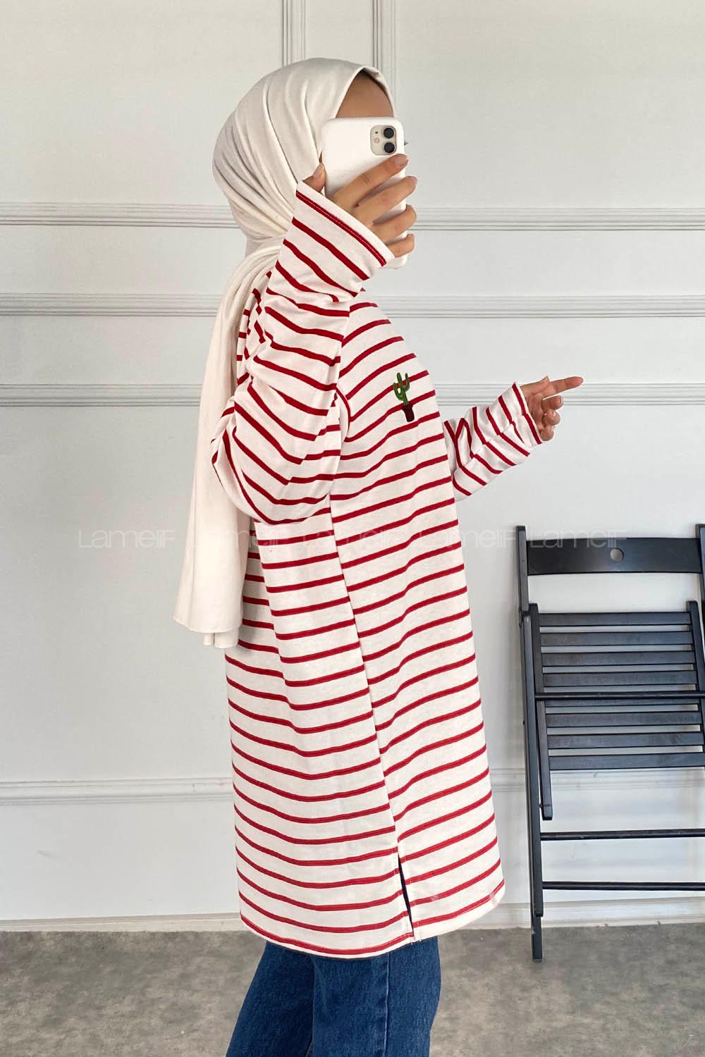 Modalamelif Çizgi Şeritli Kaktüs Baskılı Tunik Bordo