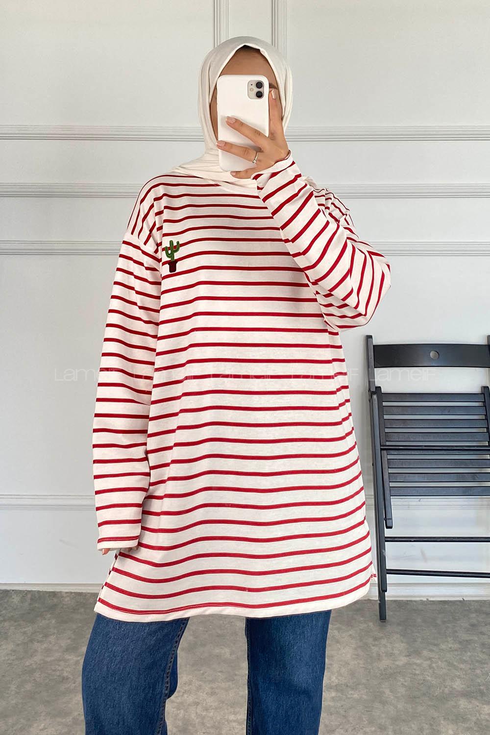 Modalamelif Çizgi Şeritli Kaktüs Baskılı Tunik Bordo