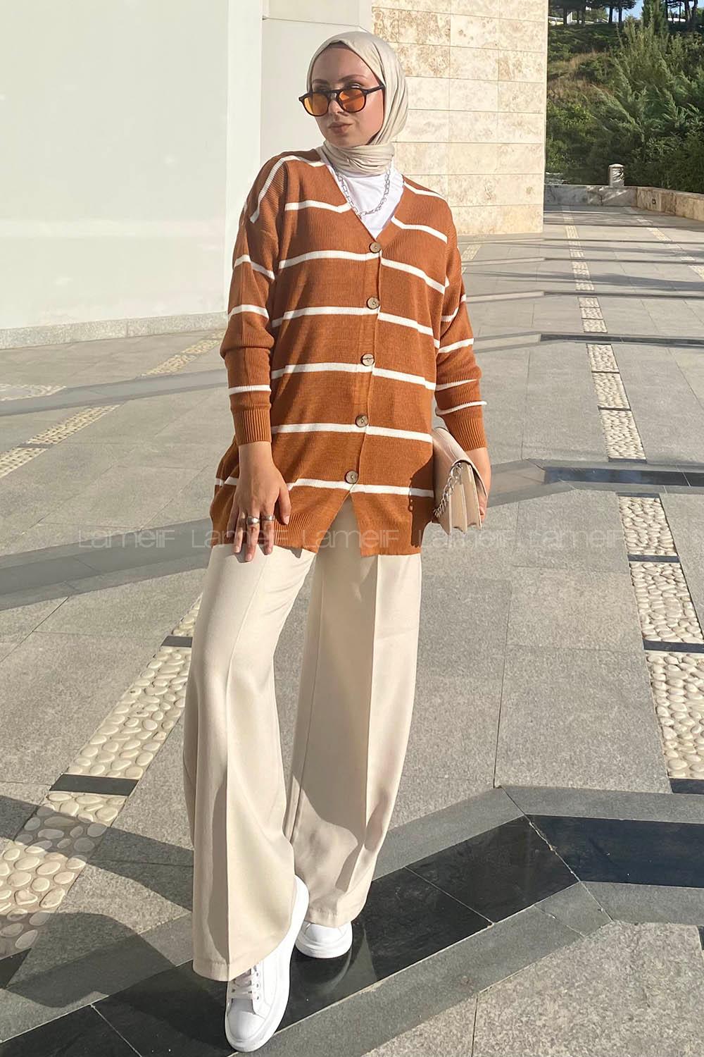 Modalamelif Çizgi Şeritli Önü Düğmeli Triko Hırka Camel