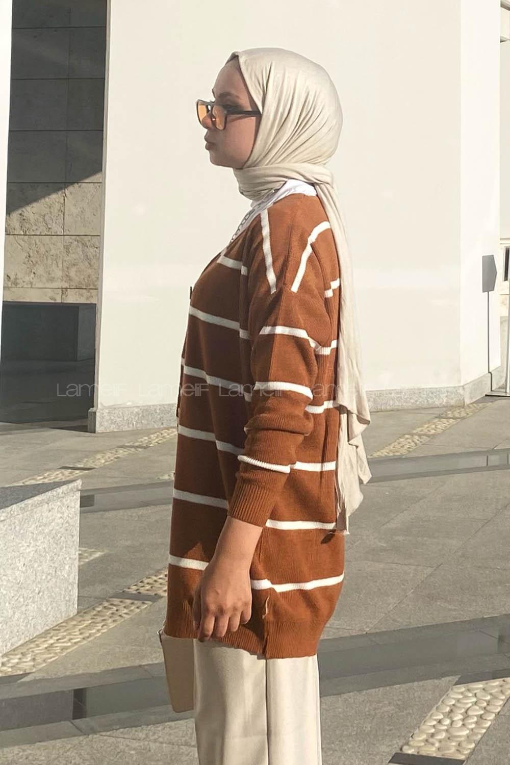 Modalamelif Çizgi Şeritli Önü Düğmeli Triko Hırka Camel