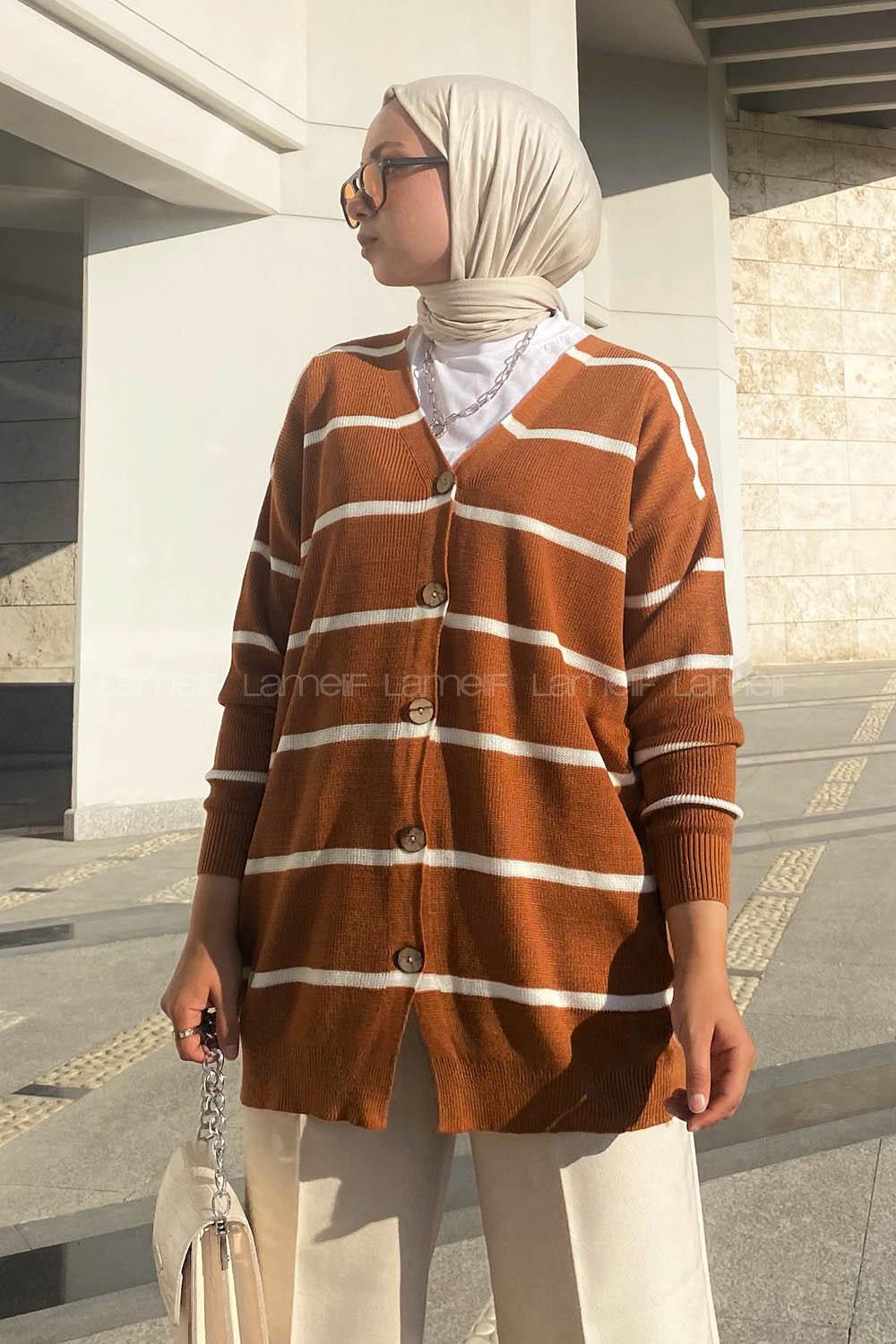 Modalamelif Çizgi Şeritli Önü Düğmeli Triko Hırka Camel