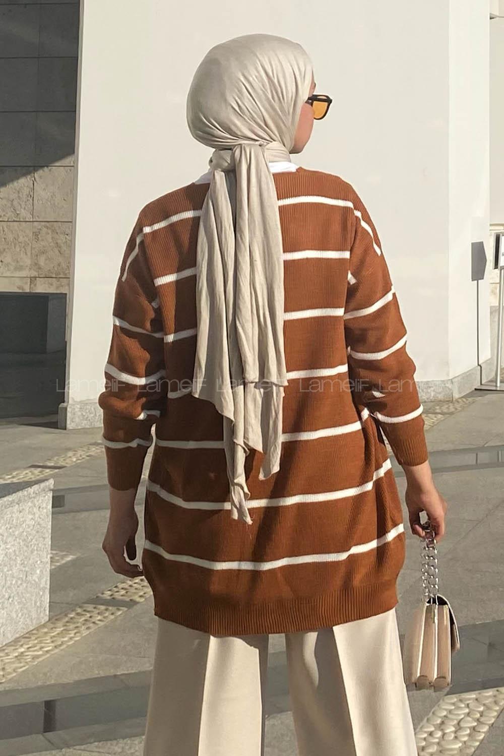 Modalamelif Çizgi Şeritli Önü Düğmeli Triko Hırka Camel