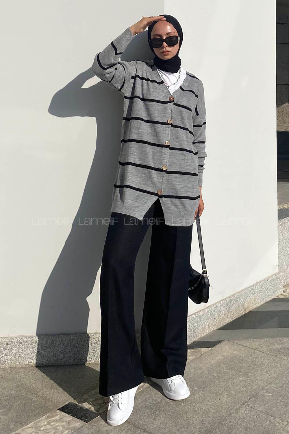 Modalamelif Çizgi Şeritli Önü Düğmeli Triko Hırka Gri