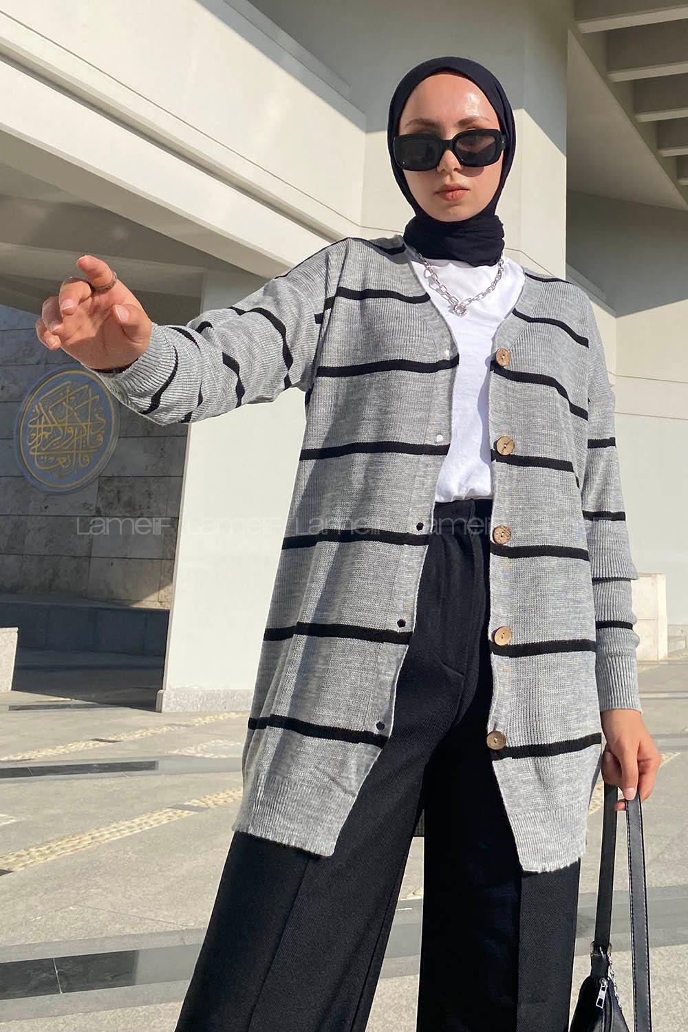 Modalamelif Çizgi Şeritli Önü Düğmeli Triko Hırka Gri