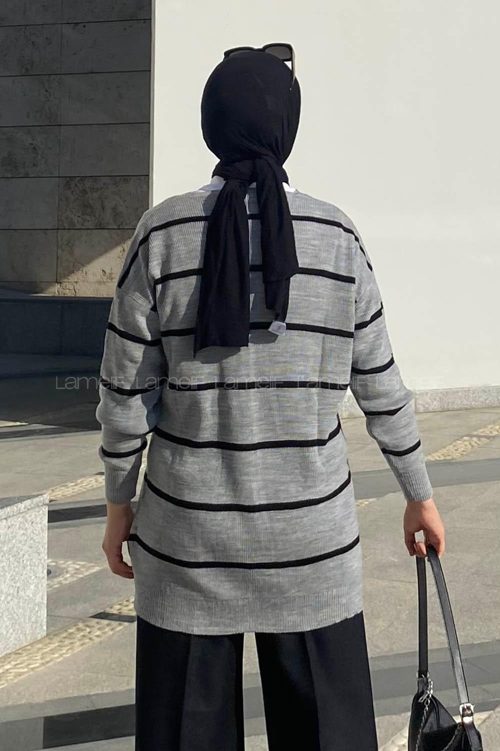 Modalamelif Çizgi Şeritli Önü Düğmeli Triko Hırka Gri