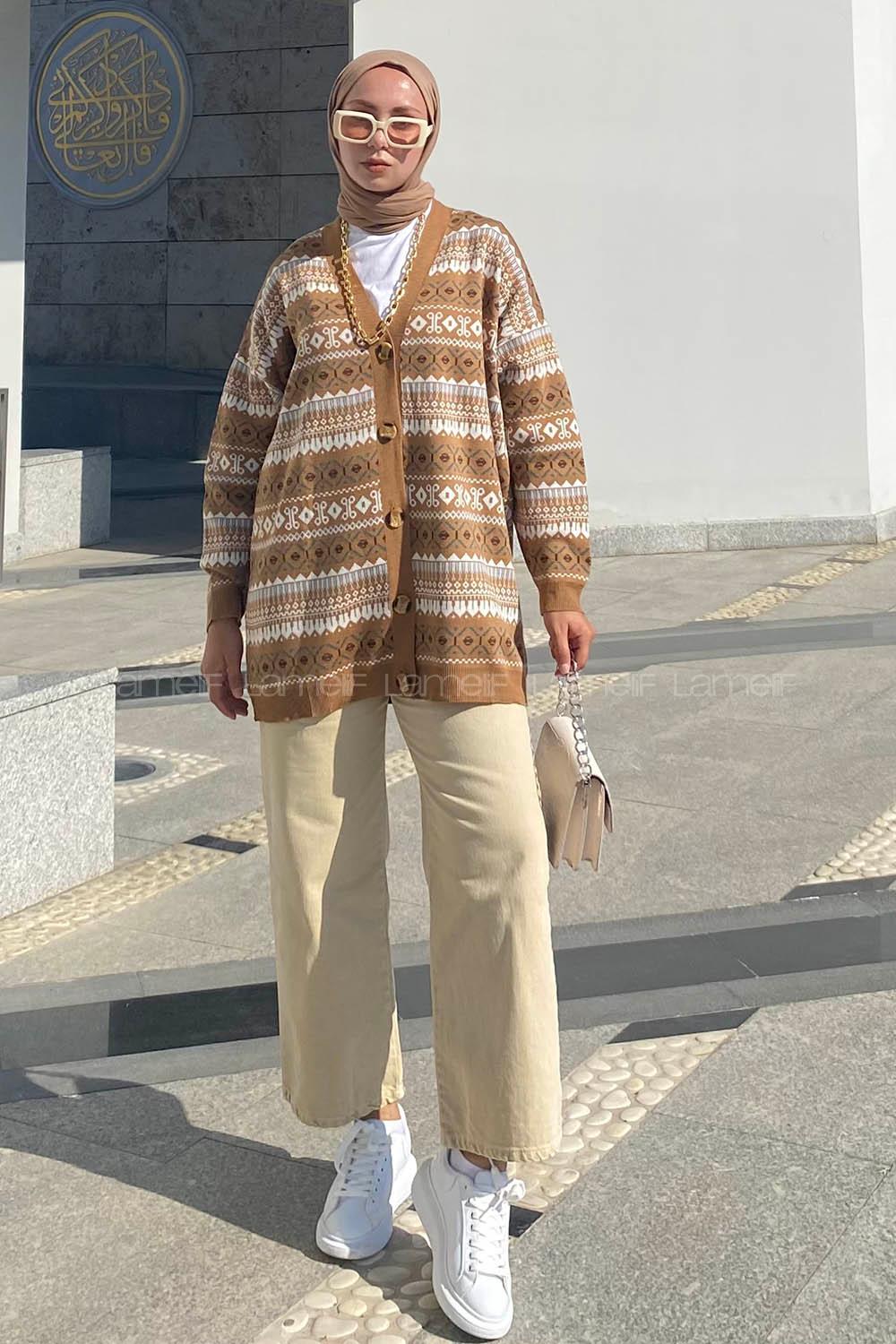 Modalamelif Etnik Desenlli Önü Düğmeli Salaş Triko Hırka Camel