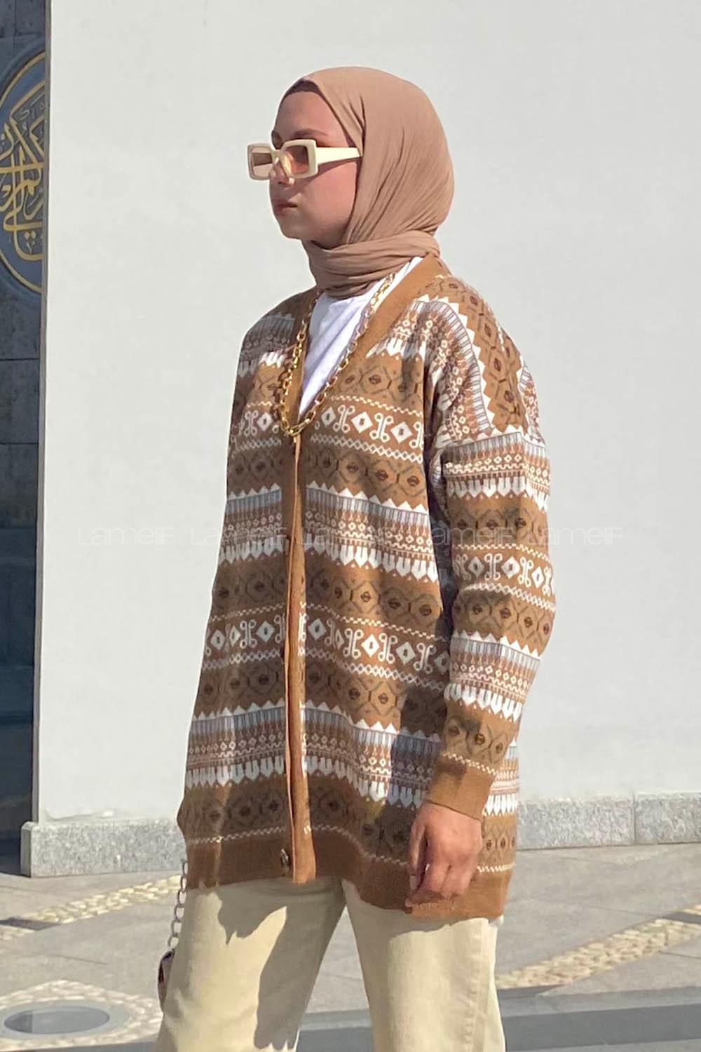 Modalamelif Etnik Desenlli Önü Düğmeli Salaş Triko Hırka Camel