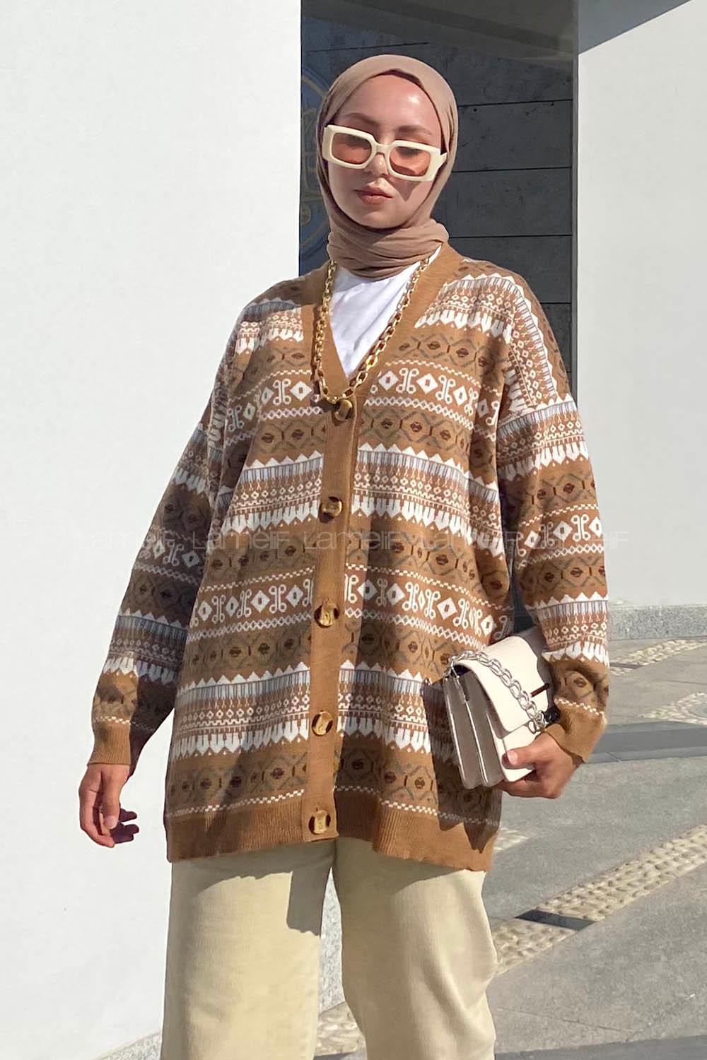 Modalamelif Etnik Desenlli Önü Düğmeli Salaş Triko Hırka Camel