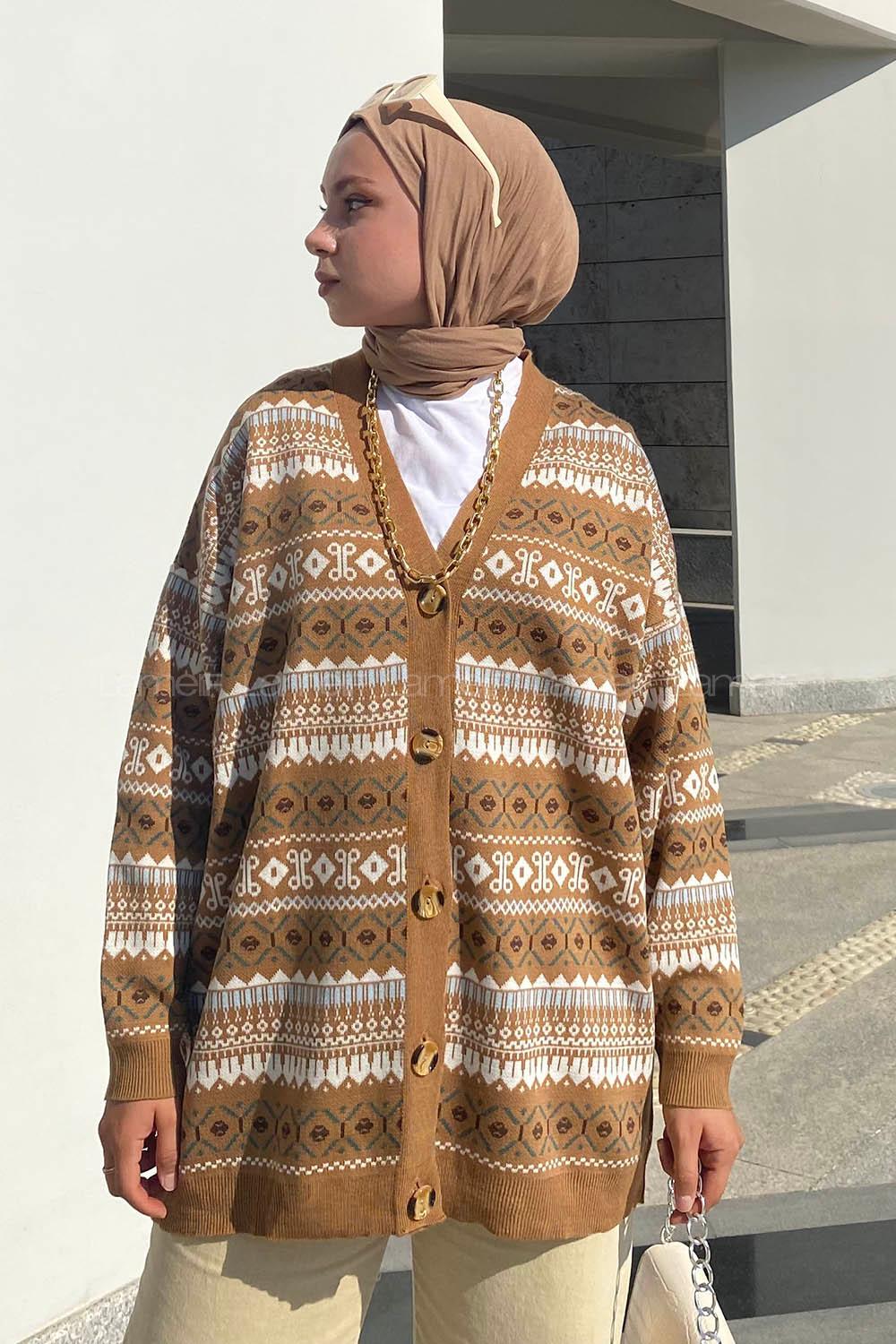 Modalamelif Etnik Desenlli Önü Düğmeli Salaş Triko Hırka Camel