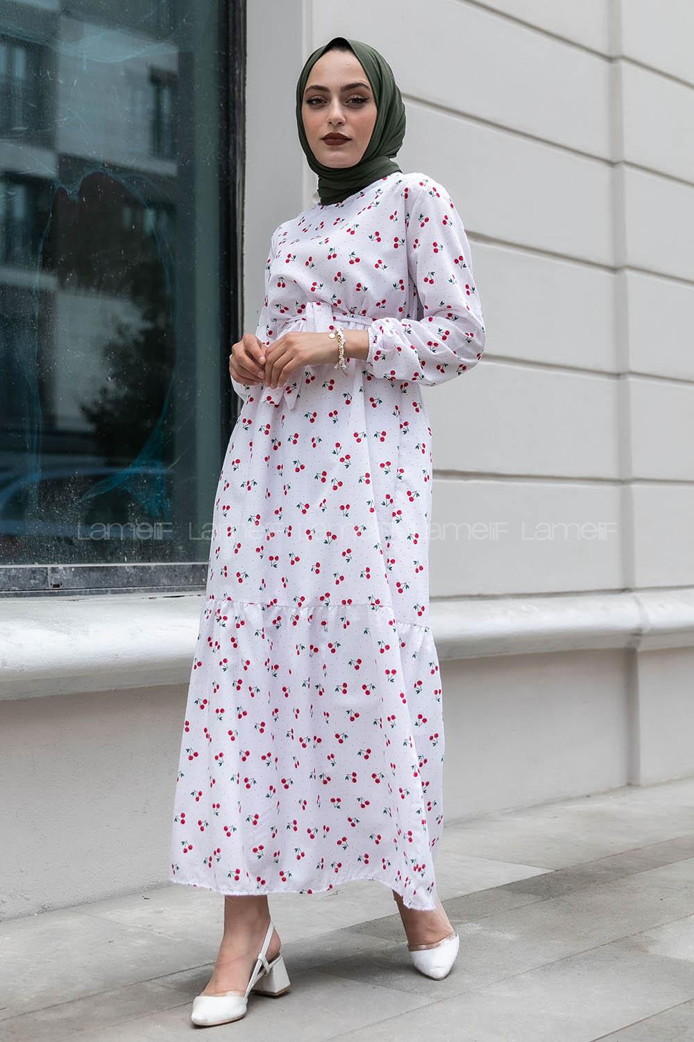 Modalamelif Kiraz Desenli Kuşak Bağlamalı Elbise Beyaz
