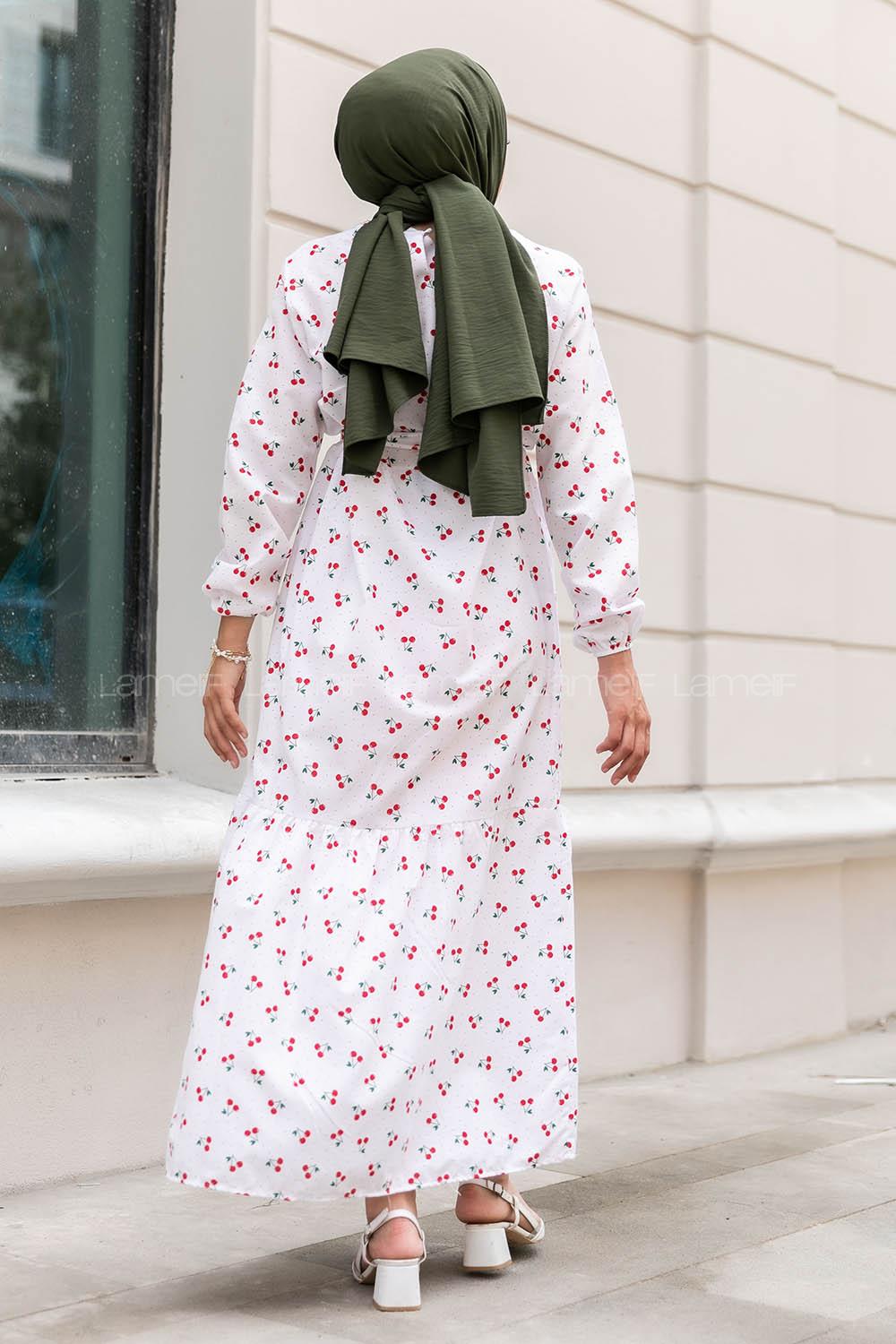 Modalamelif Kiraz Desenli Kuşak Bağlamalı Elbise Beyaz