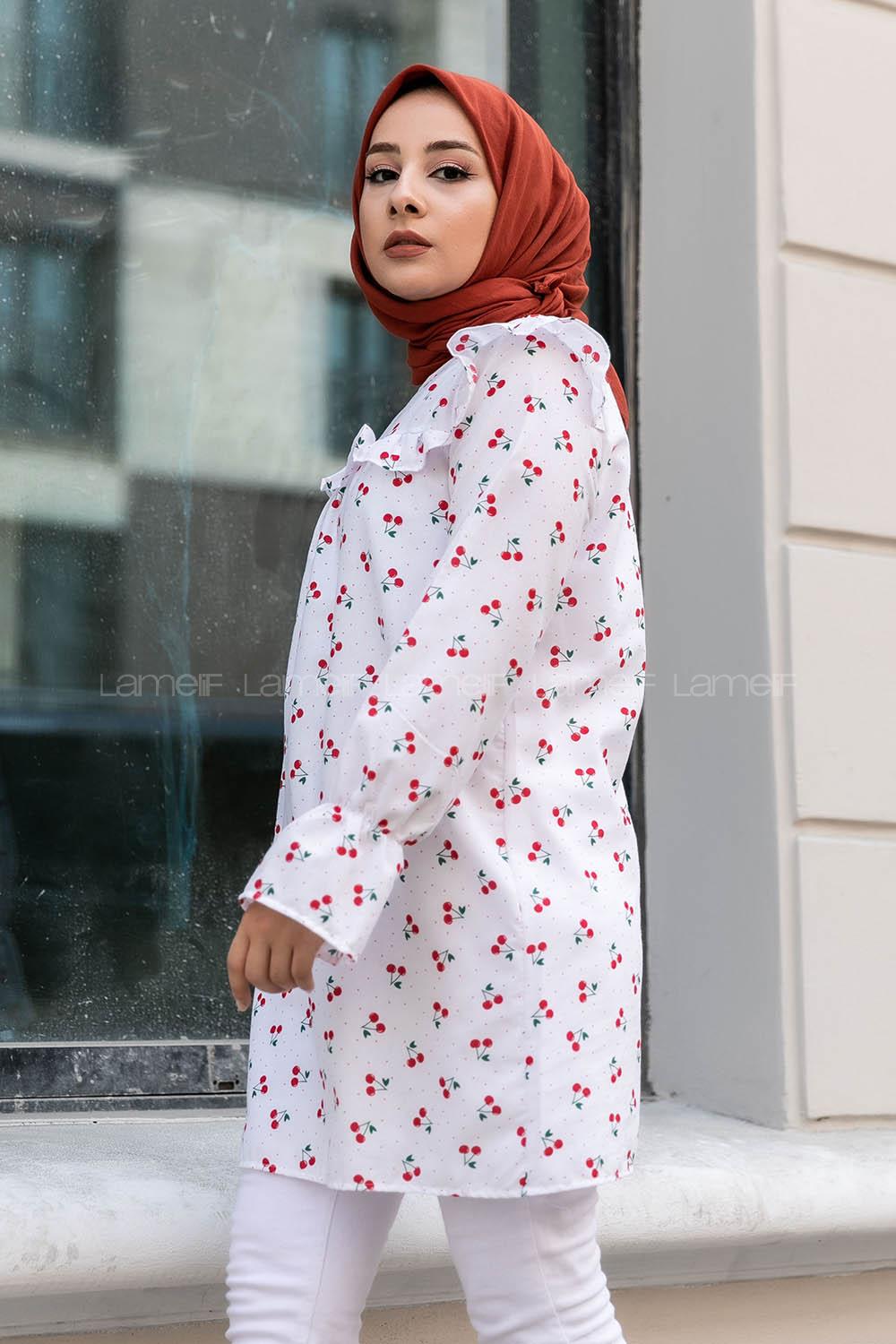 Modalamelif Kiraz Desenli Önü Fırfırlı Tunik Beyaz