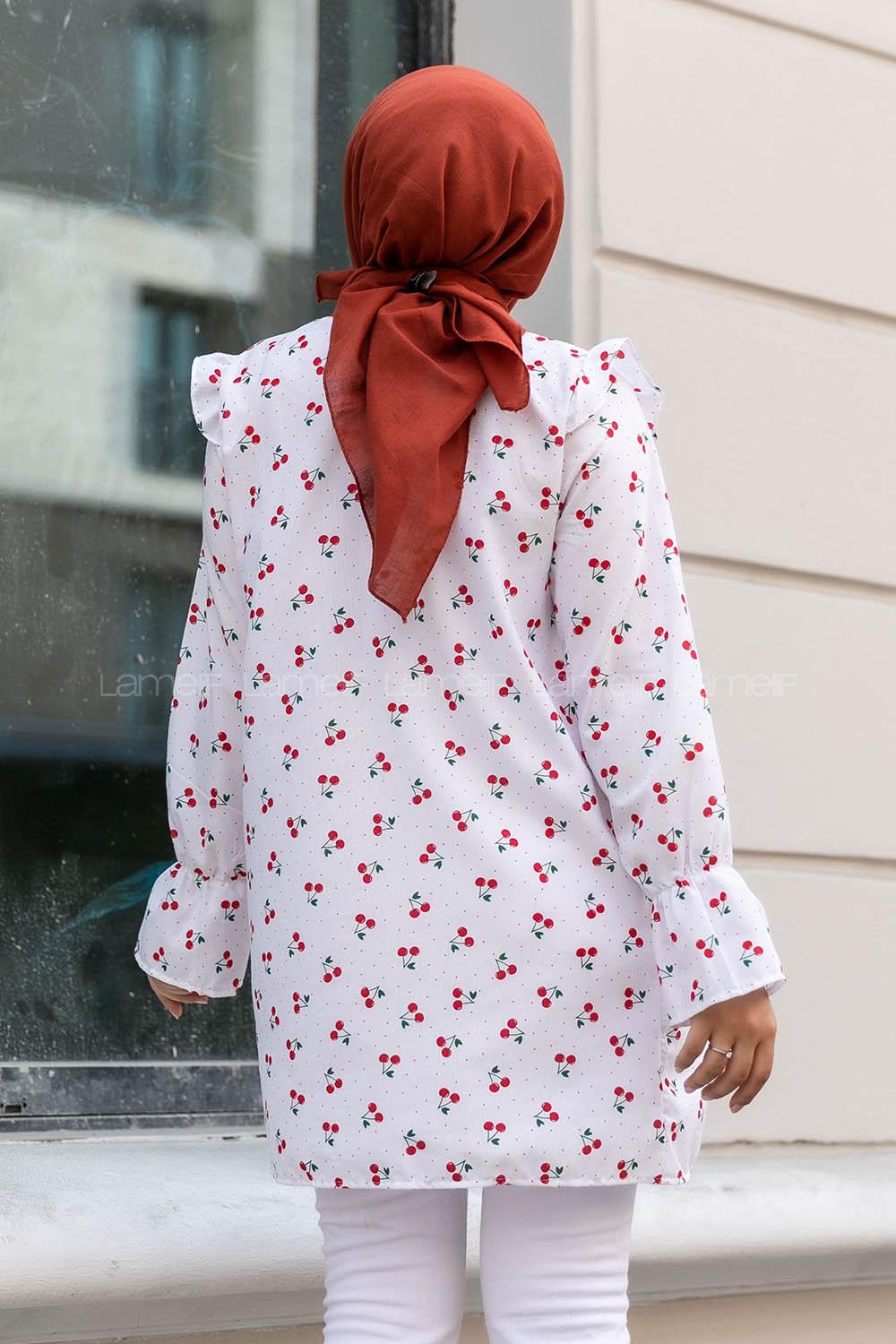 Modalamelif Kiraz Desenli Önü Fırfırlı Tunik Beyaz