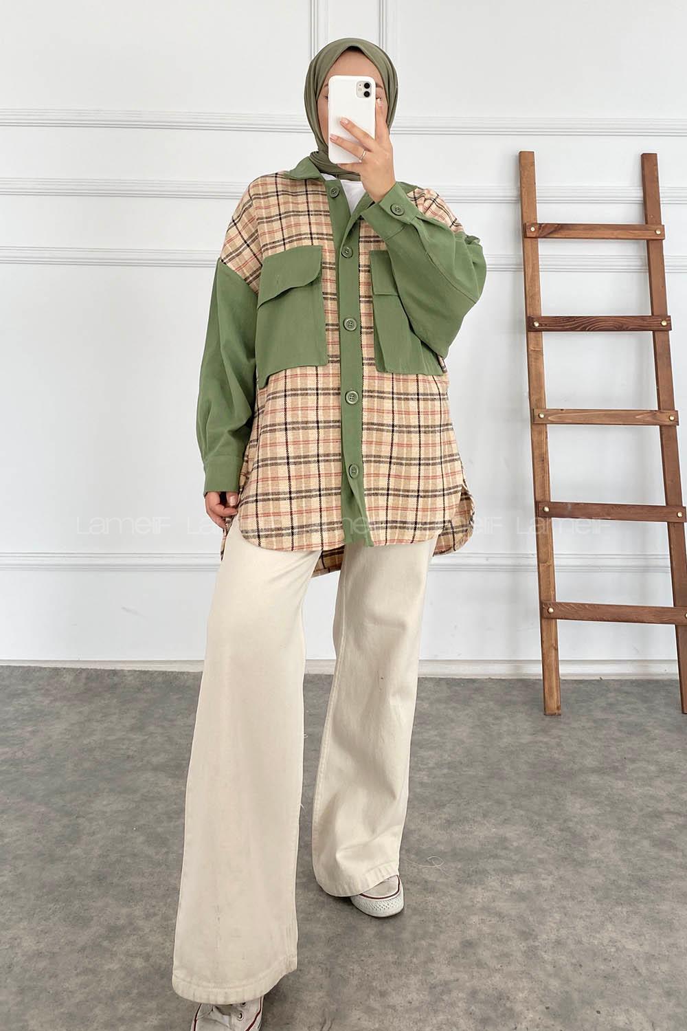 Modalamelif Önü Düğme Detaylı Garnili Çift Cepli Ekose Ceket Yeşil