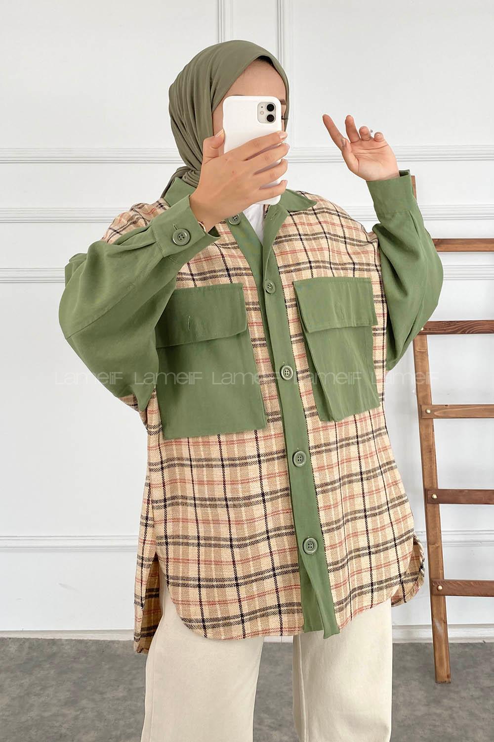 Modalamelif Önü Düğme Detaylı Garnili Çift Cepli Ekose Ceket Yeşil