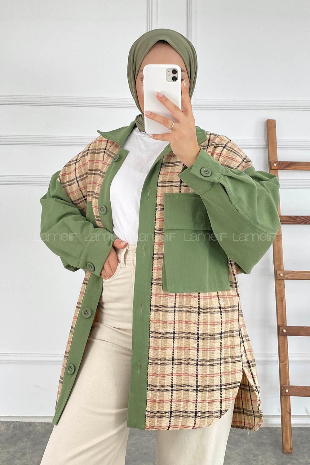 Modalamelif Önü Düğme Detaylı Garnili Çift Cepli Ekose Ceket Yeşil