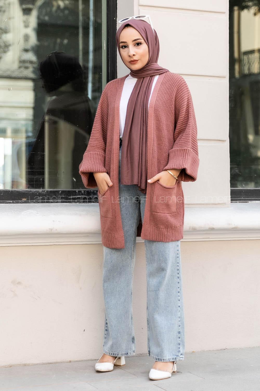 Modalamelif Yara_sa Kol Katlamalı Triko Hırka Gül Rengi