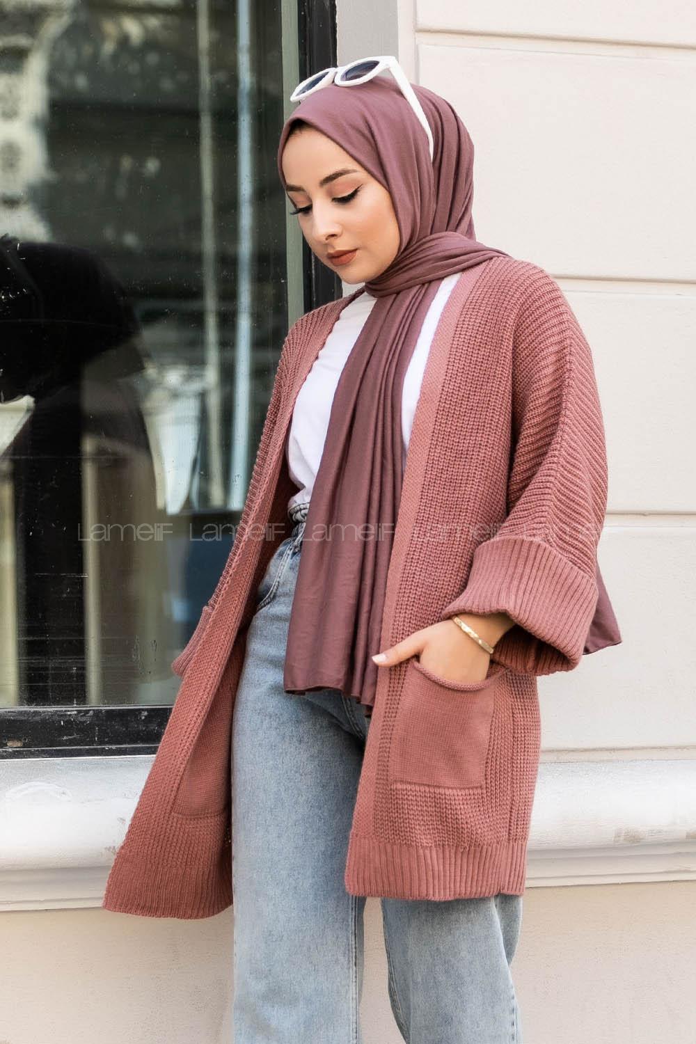 Modalamelif Yara_sa Kol Katlamalı Triko Hırka Gül Rengi