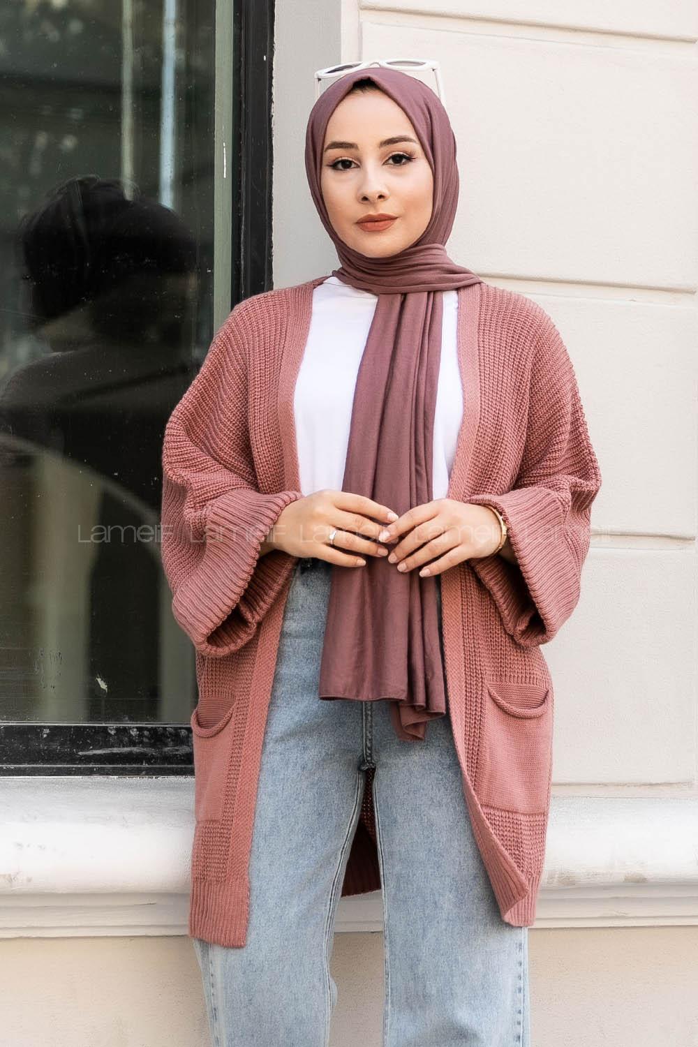 Modalamelif Yara_sa Kol Katlamalı Triko Hırka Gül Rengi