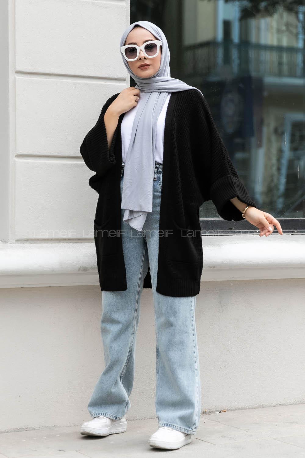 Modalamelif Yara_sa Kol Katlamalı Triko Hırka Siyah