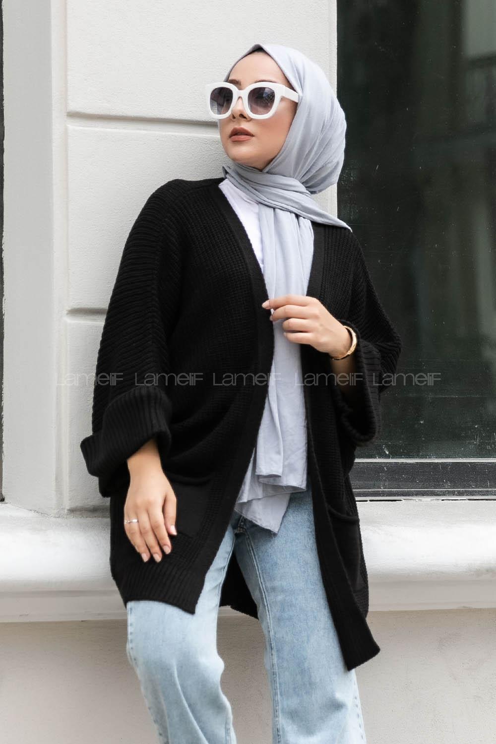 Modalamelif Yara_sa Kol Katlamalı Triko Hırka Siyah