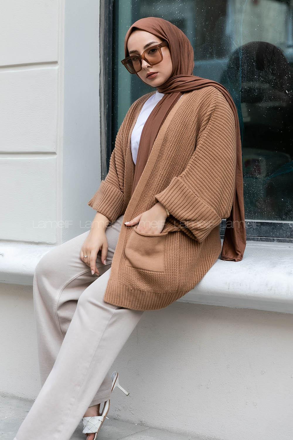 Modalamelif Yara_sa Kol Katlamalı Triko Hırka SütlüKahve