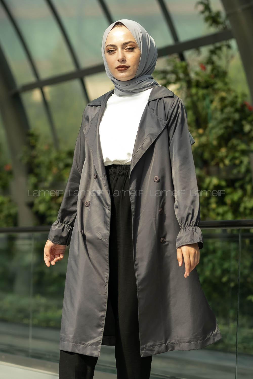 Modalamelif Beli Kuşak Bağlamalı Düğme Detaylı Trenç Gri