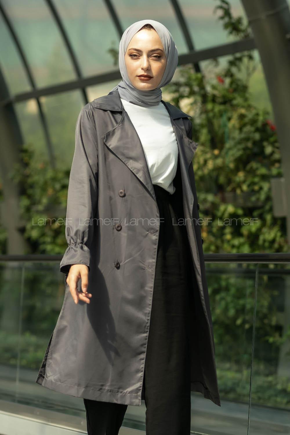 Modalamelif Beli Kuşak Bağlamalı Düğme Detaylı Trenç Gri