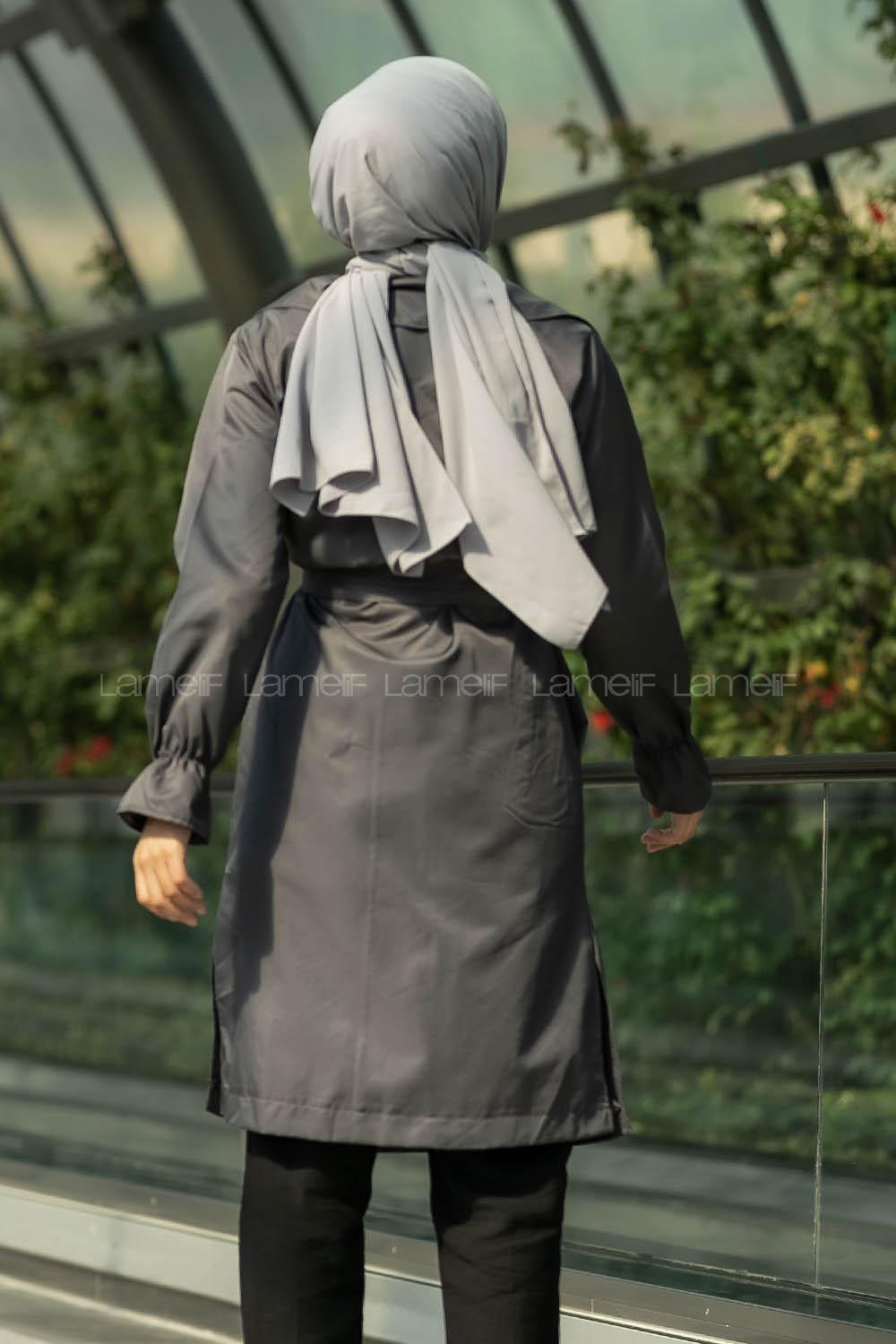 Modalamelif Beli Kuşak Bağlamalı Düğme Detaylı Trenç Gri