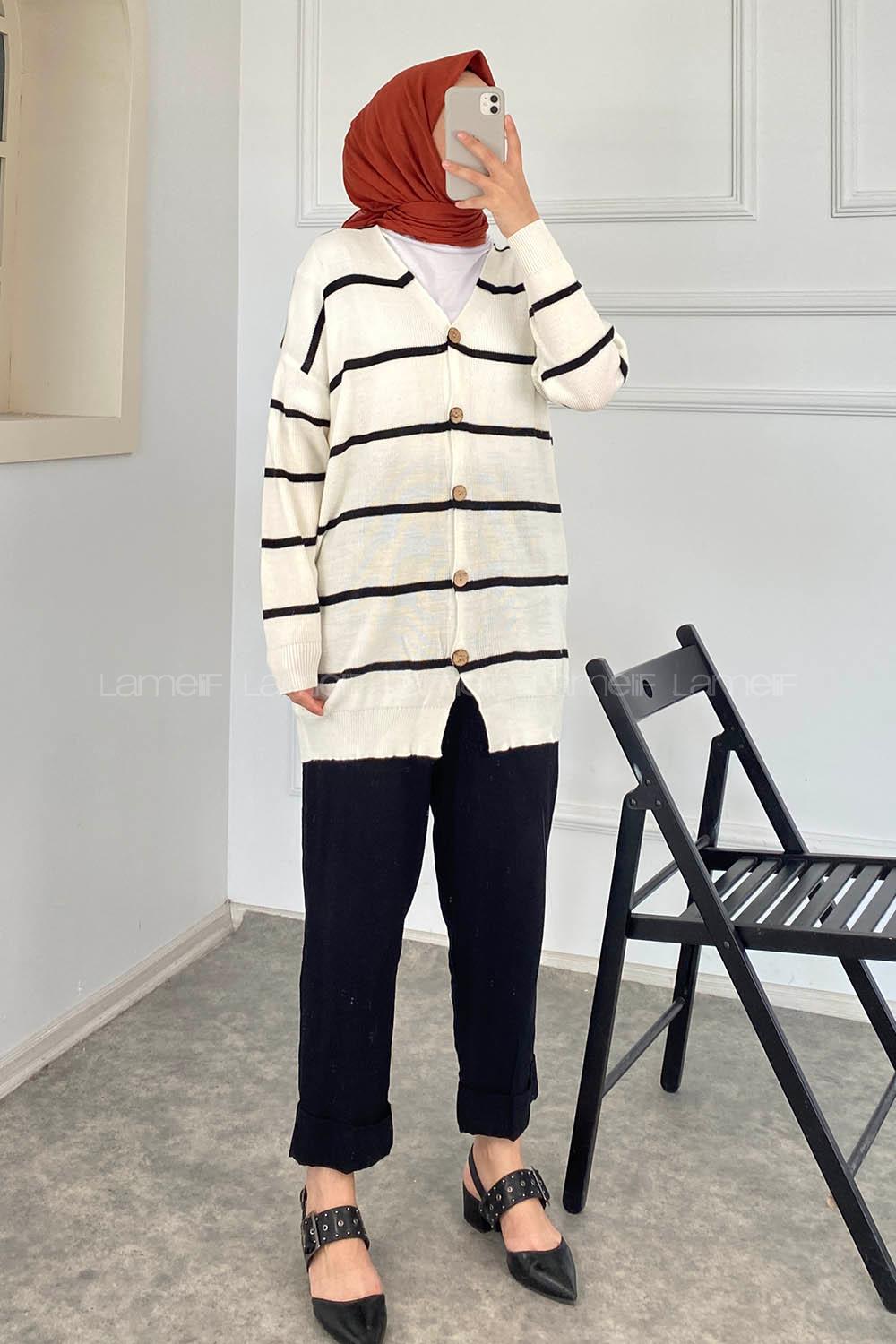 Modalamelif Çizgi Şeritli Önü Düğmeli Triko Hırka Beyaz