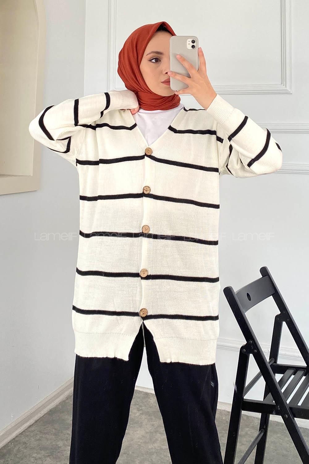 Modalamelif Çizgi Şeritli Önü Düğmeli Triko Hırka Beyaz
